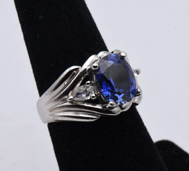 Ladies rings tactile shine -Sterling Silver Synthetic Blue Sapphire and Diamonique Cubic Zirconia Ring - Size 6