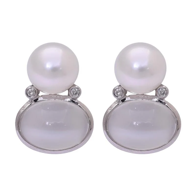 Ladies earrings with orbit charms -Earrings- Moonstone, South Sea Pearl and Diamond