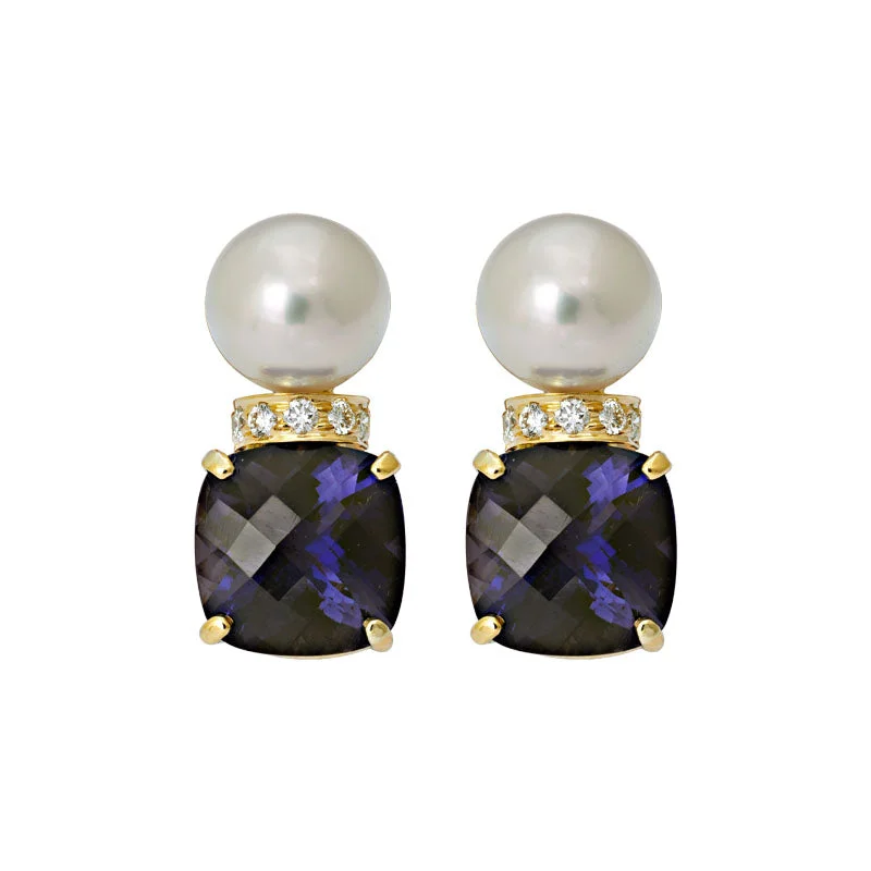 Ladies earrings with antler drops -Earrings- Iolite, South Sea Pearl and Diamond