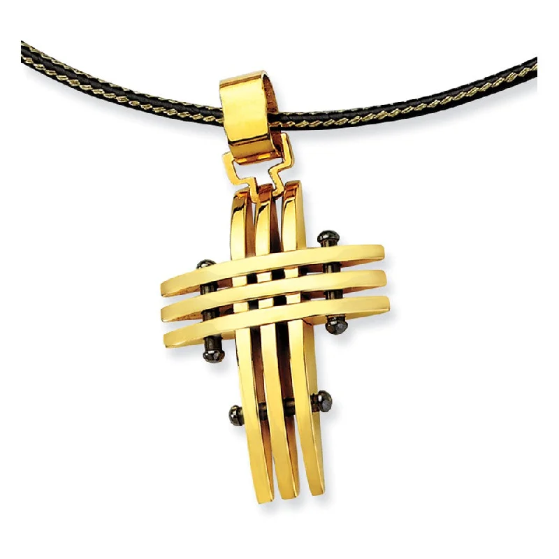 ladies-bridal-station-necklaces-Gold Tone & Black Plated Stainless Steel Grid Cross Necklace - 16 Inch