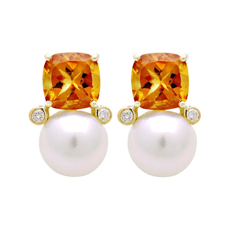 Ladies earrings bold shine -Earrings-South Sea Pearl, Citrine and Diamond