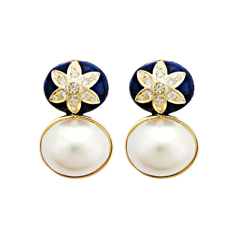 Ladies earrings with quill drops -Earrings-South Sea Pearl and Diamond (Enamel)