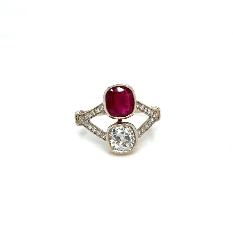 Ladies rings with hop designs -Victorian Certified Natural Unheated Ruby Diamond Vous et Moi Ring