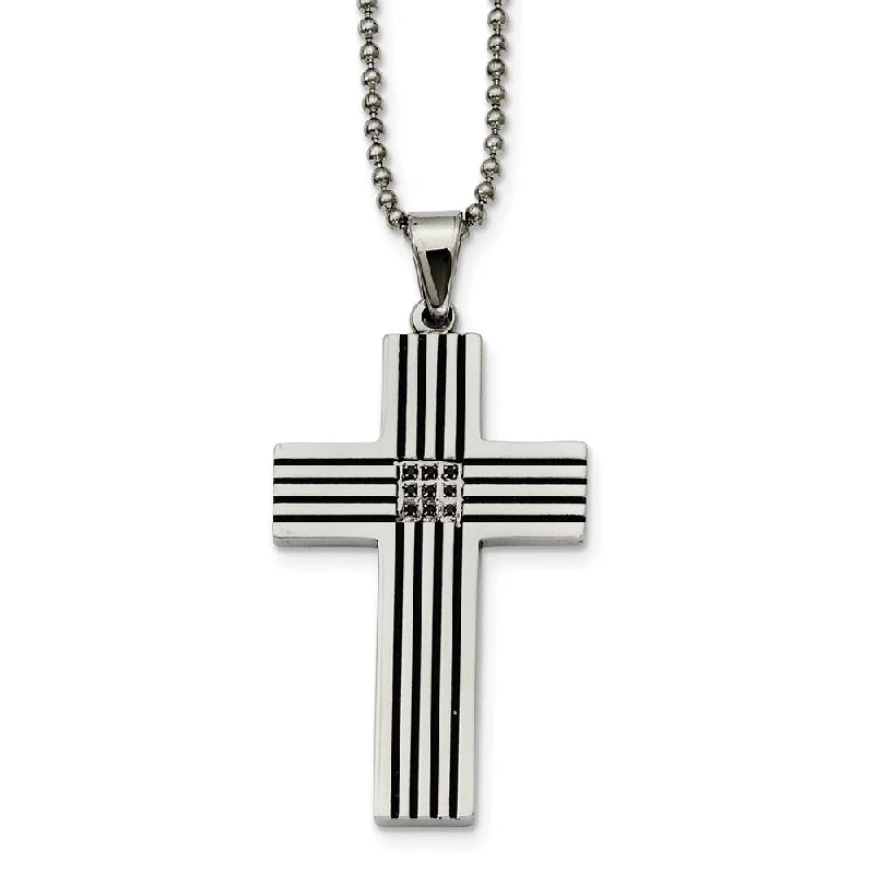 ladies-pendant-diamond-necklaces-Stainless Steel Striped and Black Diamond Cross Necklace - 22 Inch