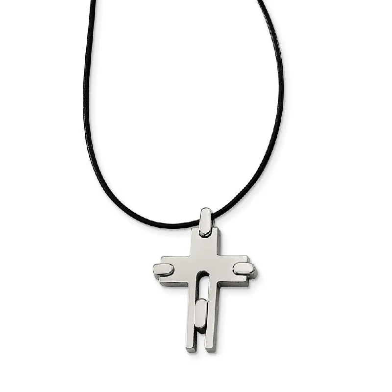 ladies-rustic-snake-chain-necklaces-Titanium Cross and Black Leather Cord Necklace 18 Inch