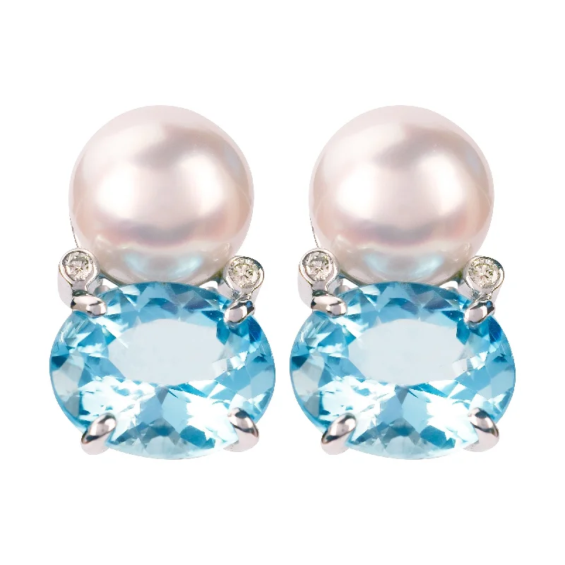 Ladies earrings with streak charms -Earrings - Blue Topaz, South Sea Pearl & Diamond