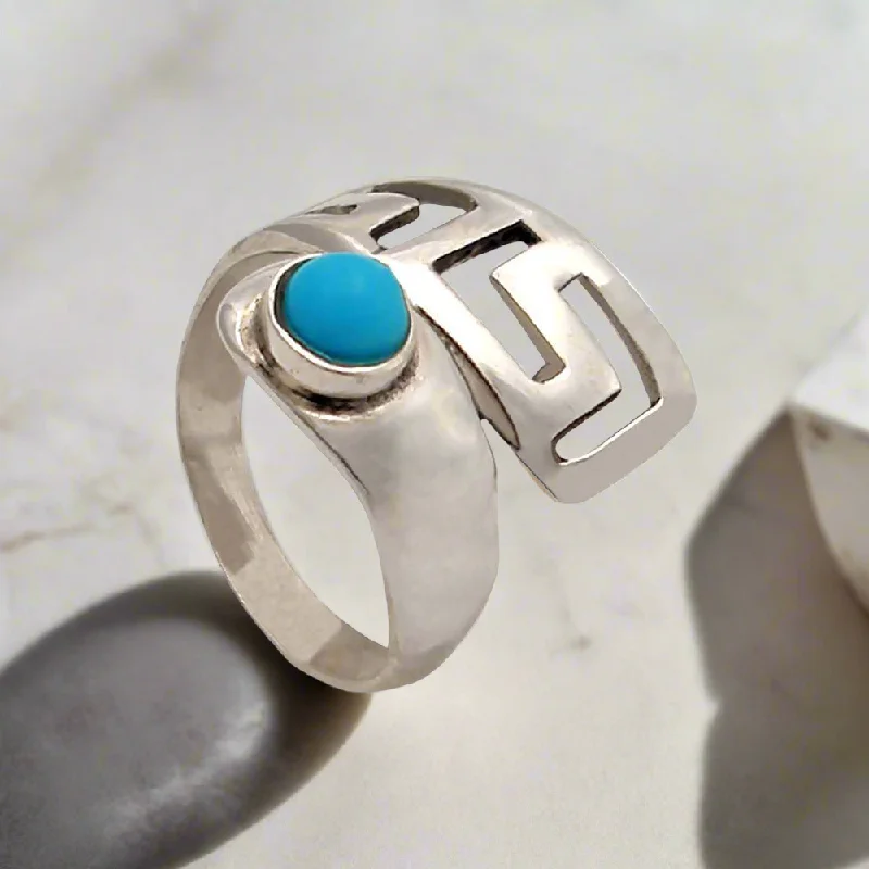 Ladies rings for wedding charm -Greek Key Meander Ring in Sterling Silver with turquoise (DT-65)