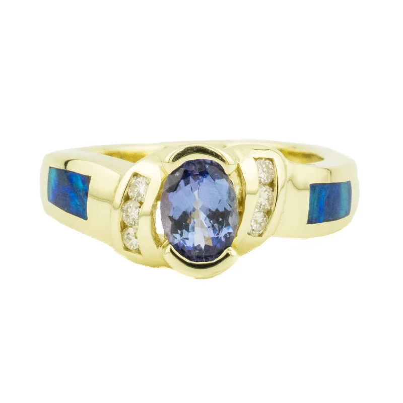 Ladies rings floral elegance -0.71ctw Tanzanite with Opal & Diamond Accents Gemstone Ring in 14K Yellow Gold