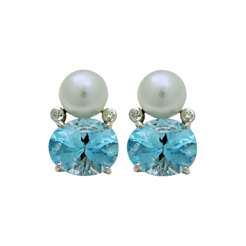 Ladies earrings futuristic shine -Earrings-South Sea Pearl, Blue Topaz and Diamond