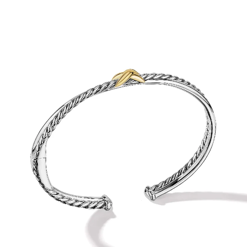 ladies-everyday-silver-bracelets-Petite X Center Station Bracelet in Sterling Silver with 18K Yellow Gold