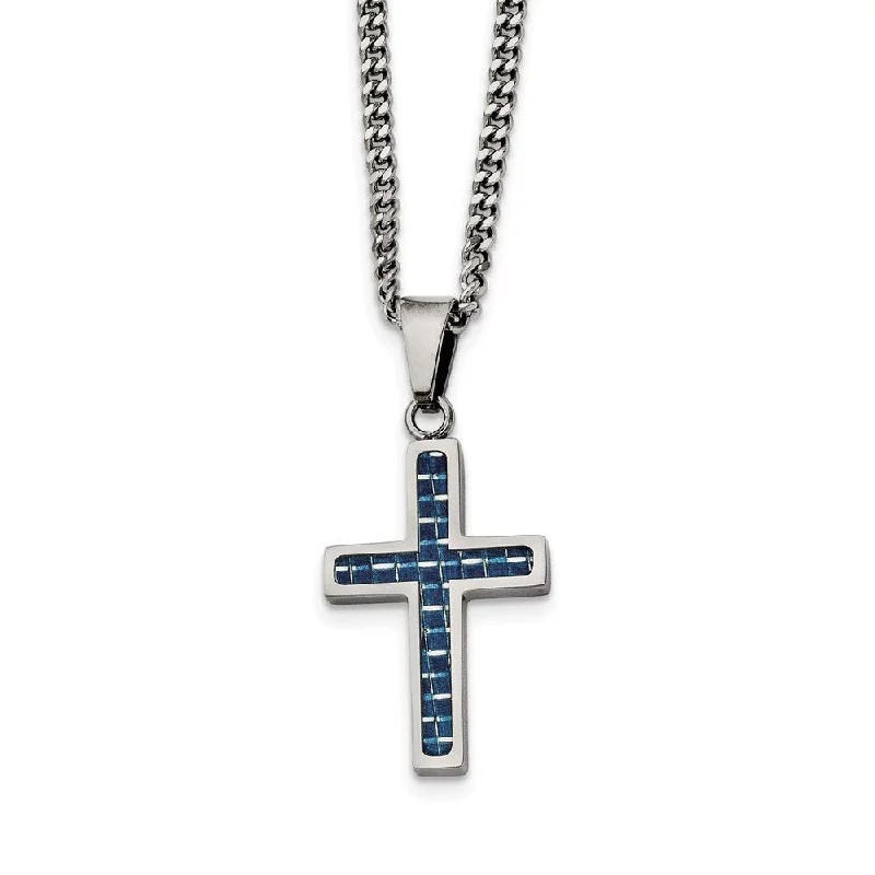 ladies-artisan-pendant-necklaces-Stainless Steel & Blue Carbon Fiber Small Cross Necklace, 20 Inch