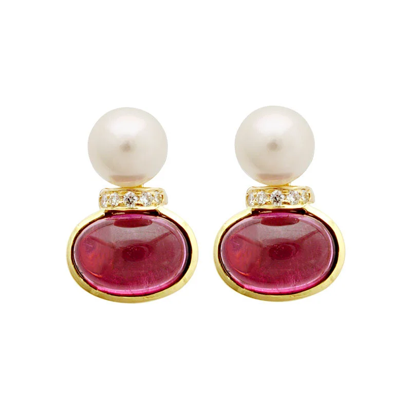 Ladies earrings with wing designs -Earrings-South Sea Pearl, Rubellite and Diamond