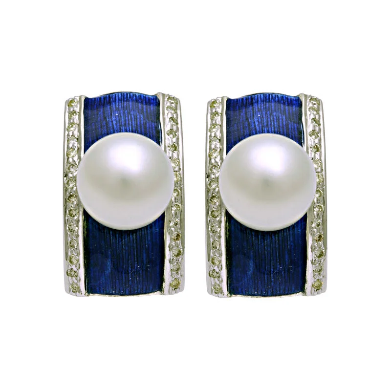 Ladies earrings for travel vibes -Earrings-South Sea Pearl and Diamond (Enamel)