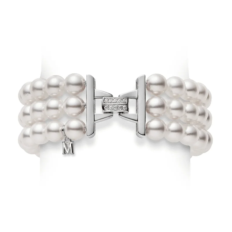 ladies-minimalist-diamond-bracelets-Akoya Cultured Pearl and Diamond Triple Strand Bracelet