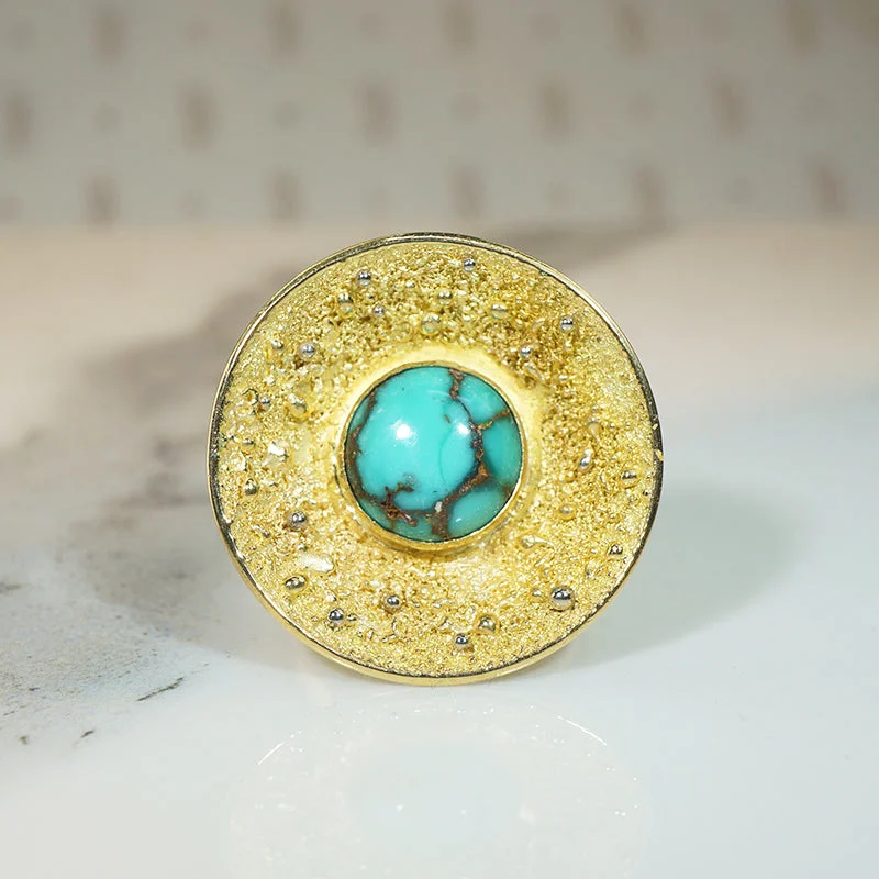 Ladies rings cute shine -Fascinating Turquoise & Granulated Gold Mid-Century Ring