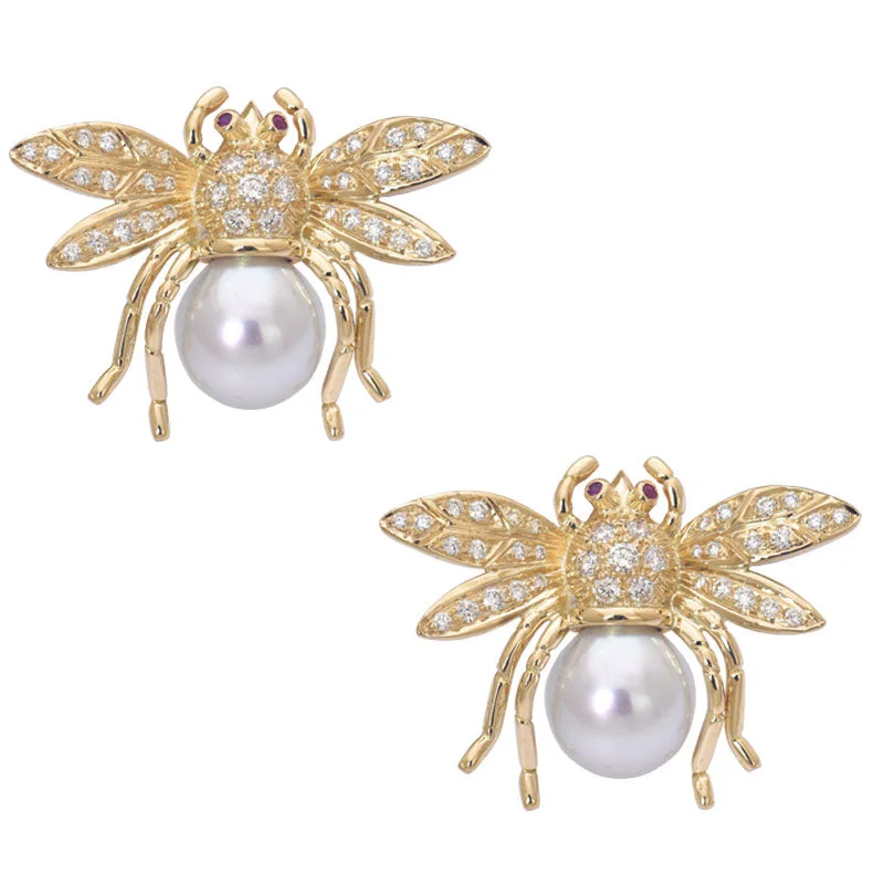 Ladies earrings with flare drops -Earrings - Ruby, South Sea Pearl and Diamond