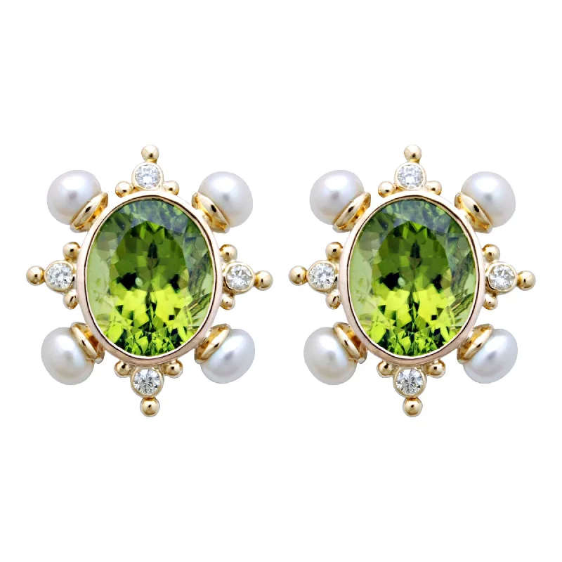 Ladies earrings pastel hues -Earrings- Peridot, Pearl And Diamond