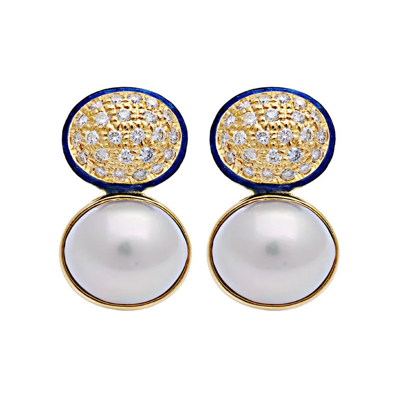 Ladies earrings with bark charms -Earrings-South Sea Pearl and Diamond (Enamel)