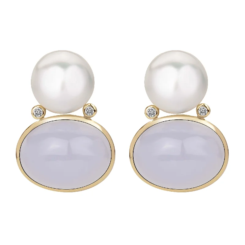 Ladies earrings with twist drops -Earrings - South Sea Pearl, Chalcedony And Diamond (2386I)