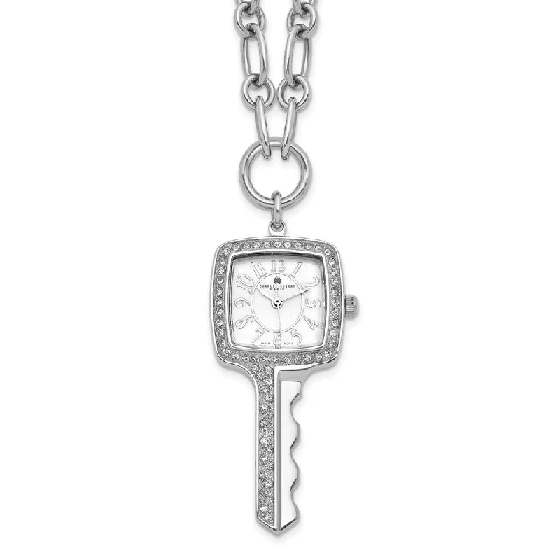 ladies-ethnic-lariat-necklaces-Ladies, Stainless Steel, Square Key White Dial Pendant Watch Necklace