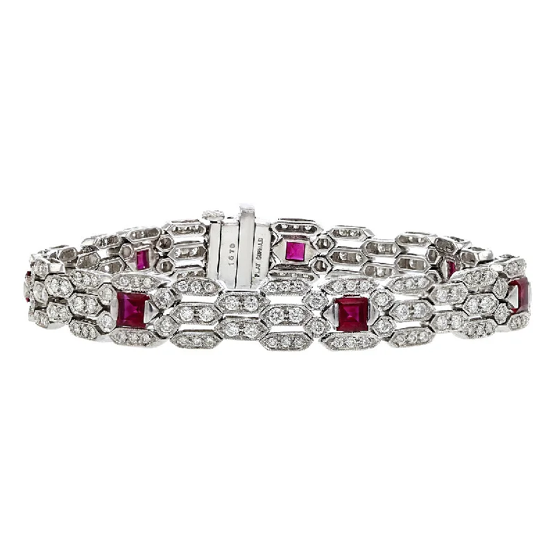 ladies-sterling-silver-cuff-link-bracelets-Platinum Diamond and Square-cut Ruby Bracelet