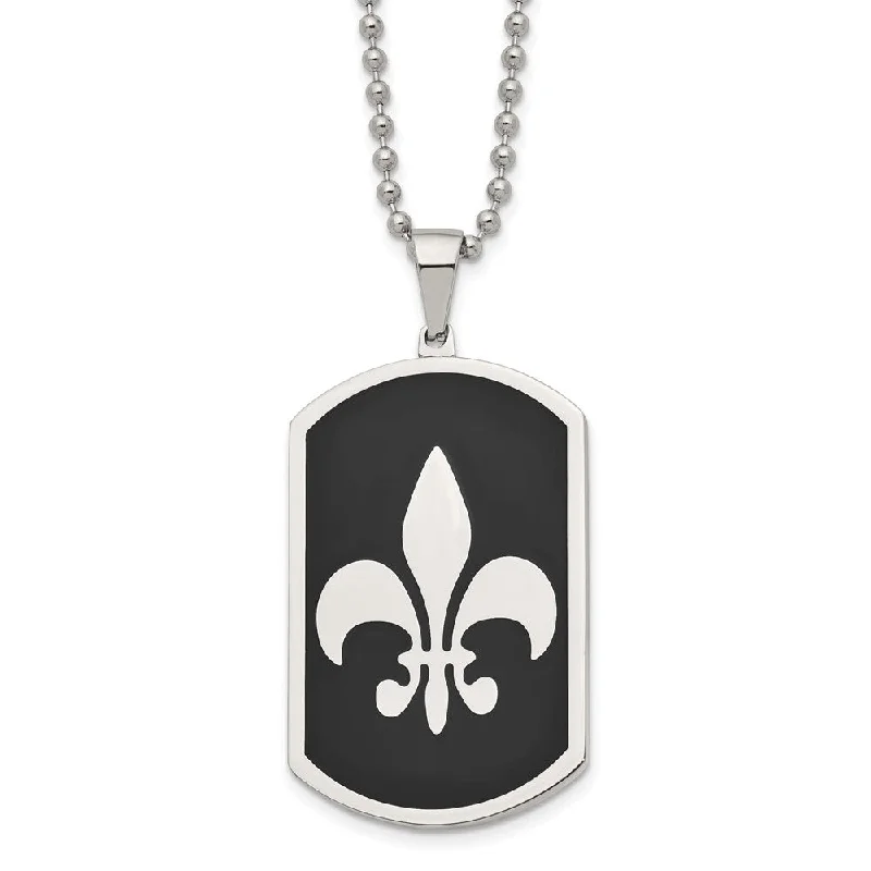 ladies-silver-pearl-necklaces-Stainless Steel & Black Plated LG Fleur de lis Dog Tag Necklace, 24 In