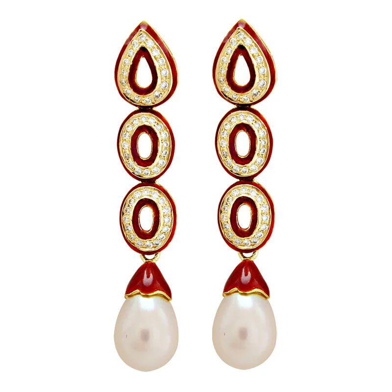 Ladies earrings with navy lapis -Earrings-South Sea Pearl and Diamond (Enamel)