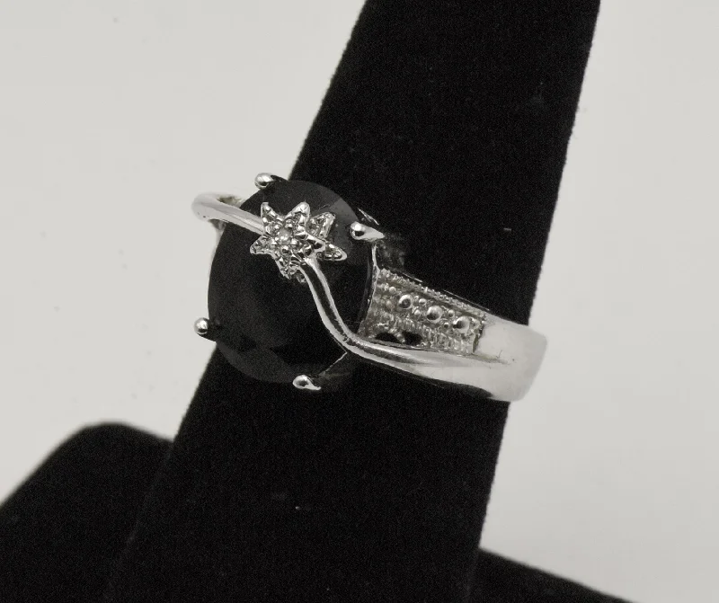 Ladies rings for winter glow -Vintage Black Onyx and Diamond Sterling Silver Ring - Size 6