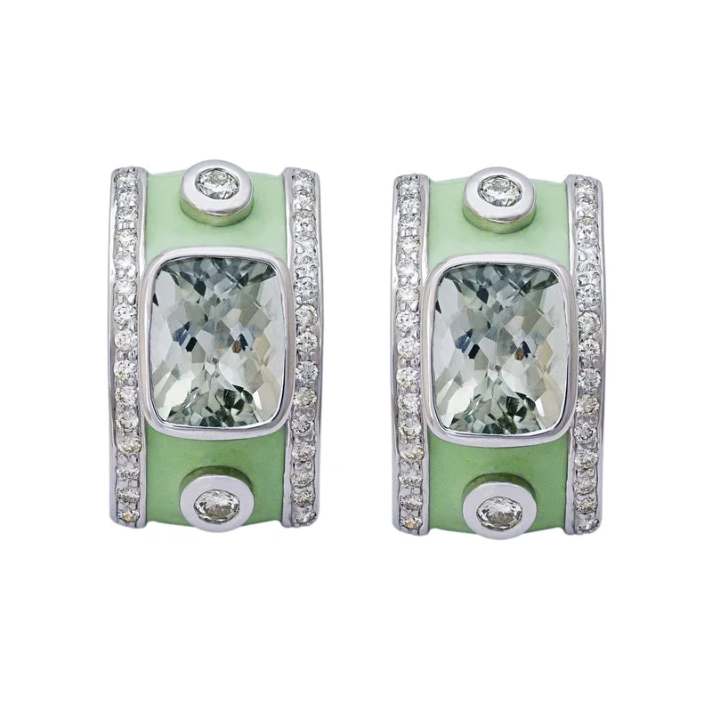 Ladies earrings with knot motifs -Earrings- Green Quartz and Diamond (Enamel)