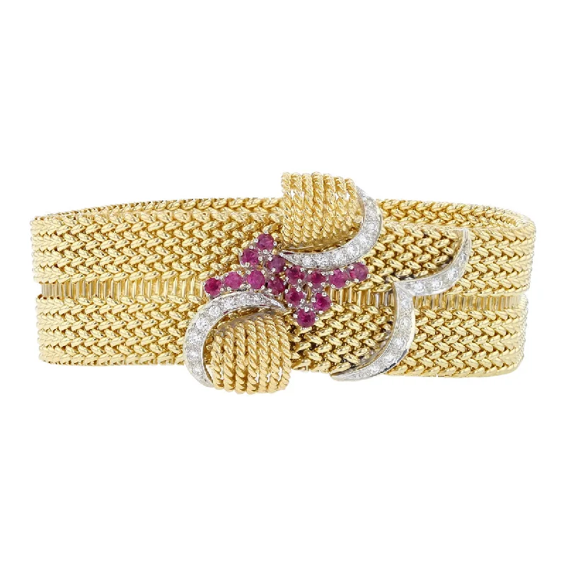 ladies-party-link-chain-bracelets-Mid-Century Ruby and Diamond Basketweave Bracelet