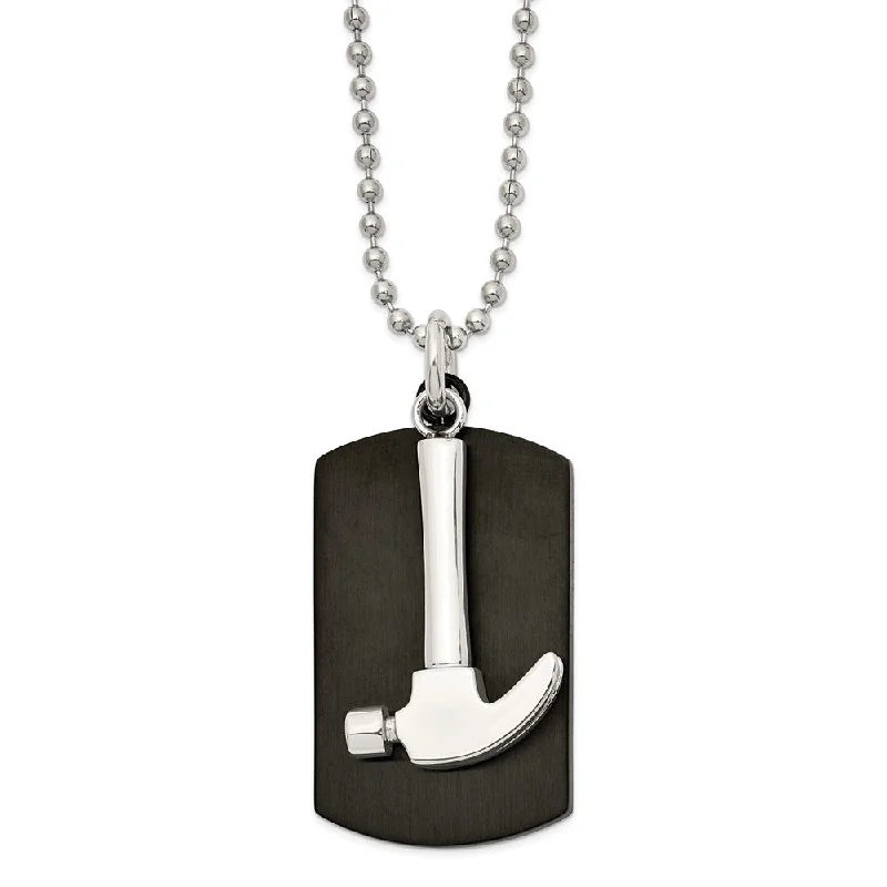 ladies-luxury-rolo-chain-necklaces-Mens Stainless Steel & Black Plated Hammer & Dog Tag Necklace, 24 Inch