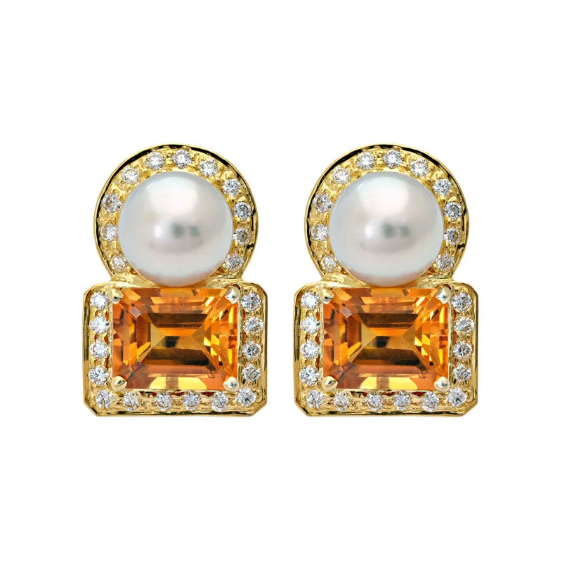 Ladies earrings with prism drops -Earrings- Citrine, South Sea Pearl and Diamond