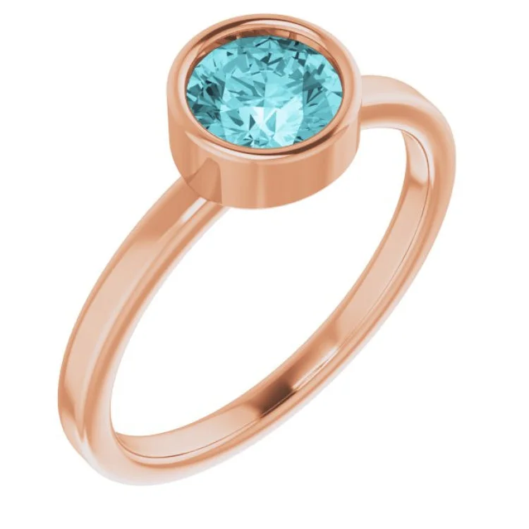 Ladies rings bold elegance -14K Rose 6 mm Natural Blue Zircon Ring