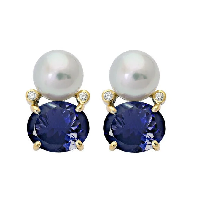 Ladies earrings with orb drops -Earrings- Iolite, South Sea Pearl and Diamond