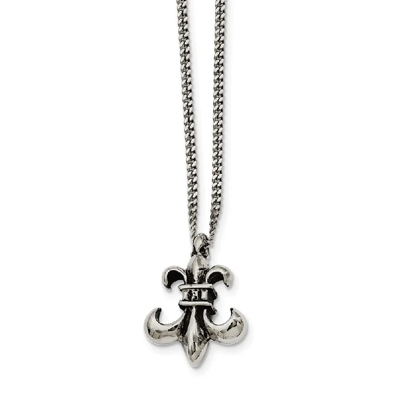 ladies-rustic-station-necklaces-Stainless Steel Antiqued Fleur-de-lis Necklace - 18 Inch