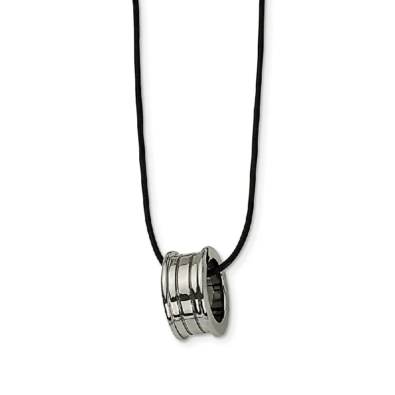 ladies-statement-silver-necklaces-Tungsten Barrel and Black Leather Cord Necklace 18 Inch