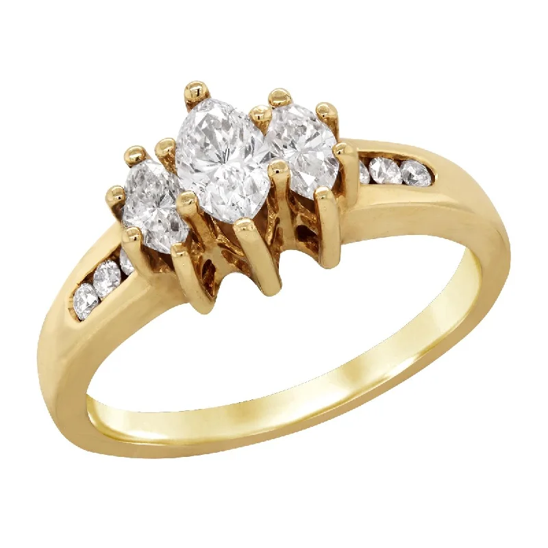 Ladies engagement rings with lace agate -YELLOW GOLD ENGAGEMENT RING WITH THREE MARQUISE AND SIDE DIAMONDS, 1.00 CT TW