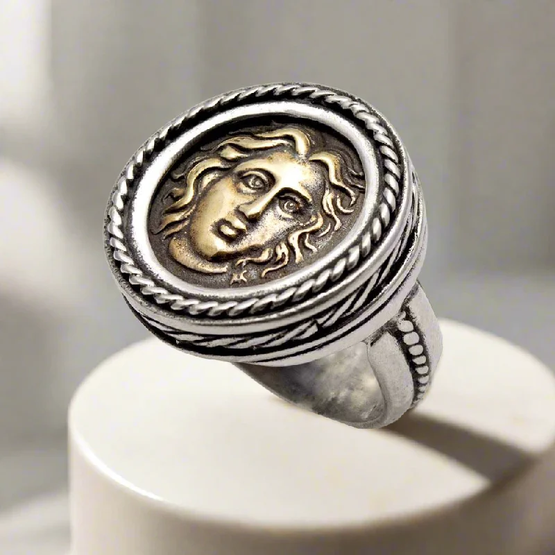 Ladies rings cultural elegance -Helios ancient sun god and rose ring, Ancient Coinage of Rhodes, Art Nouveau Ring, Sterling silver Ring (DT-104)