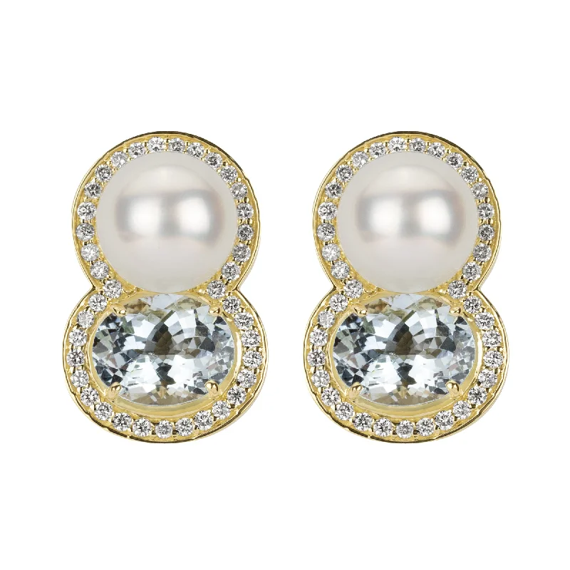 Ladies earrings for stage charm -Earrings - South Sea Pearl, Aquamarine And Diamond