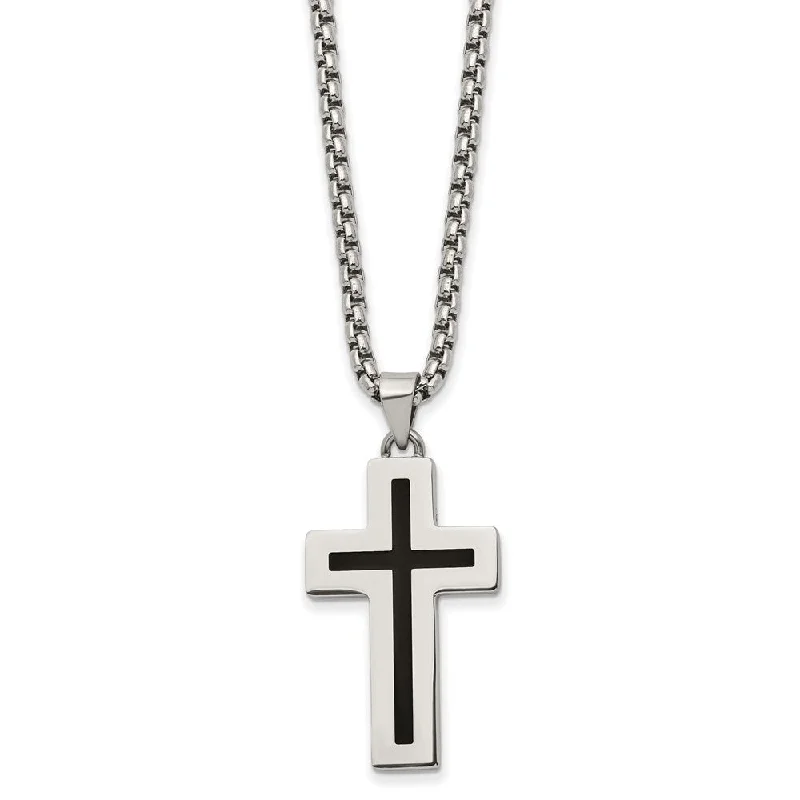 ladies-silver-rose-gold-necklaces-Stainless Steel & Black Enamel Small Cross Necklace, 24 Inch