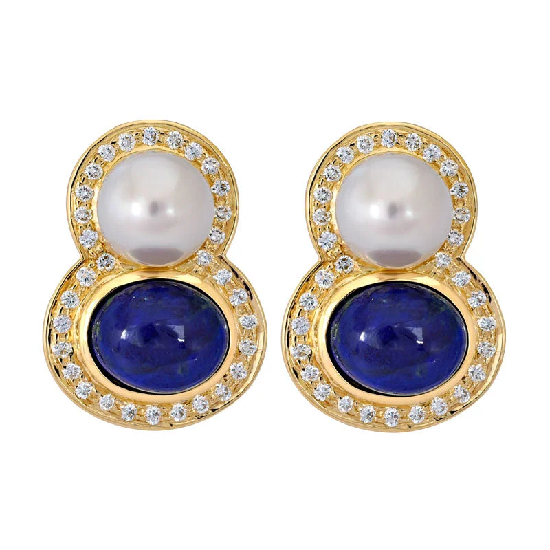 Ladies earrings with ridge charms -Earrings- Lapis Lazuli, South Sea Pearl and Diamond