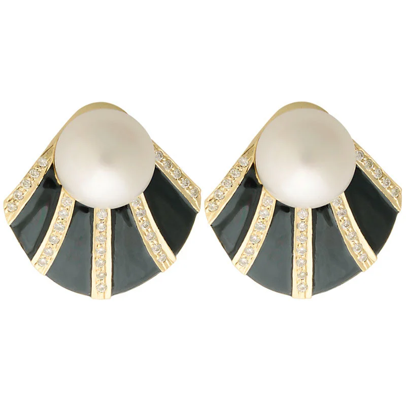 Ladies earrings wide elegance -Earrings-South Sea Pearl and Diamond (Enamel)