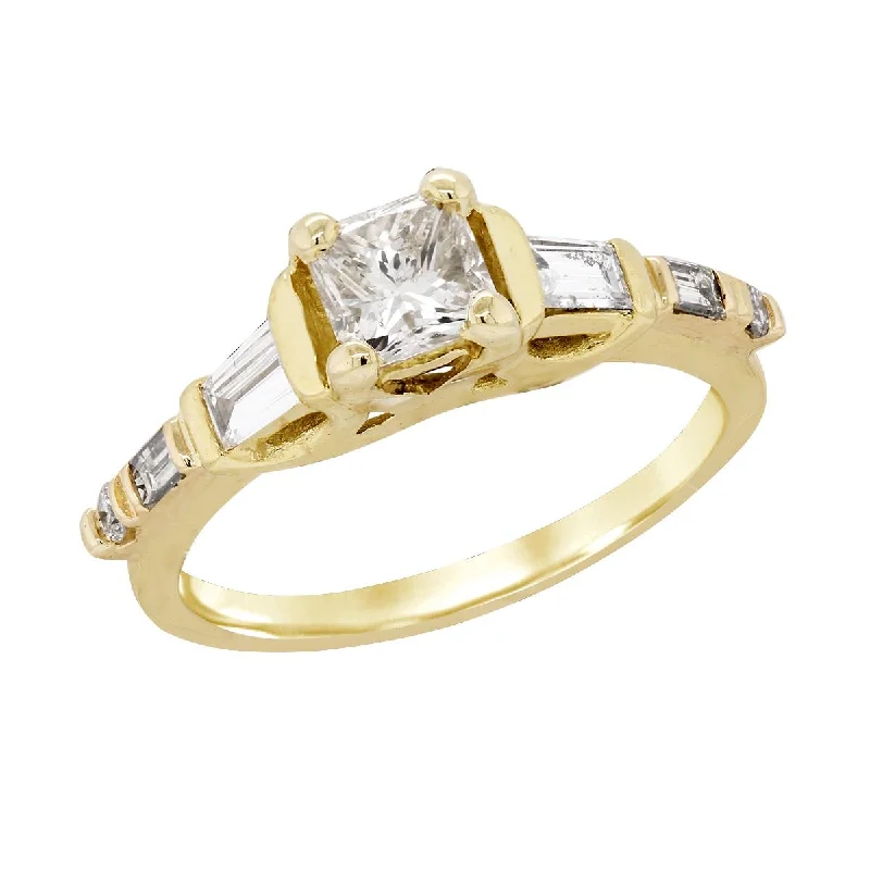 Ladies engagement rings for spring unions -YELLOW GOLD ENGAGEMENT RING WITH PRINCESS CUT CENTER, 1 3/8 CT TW