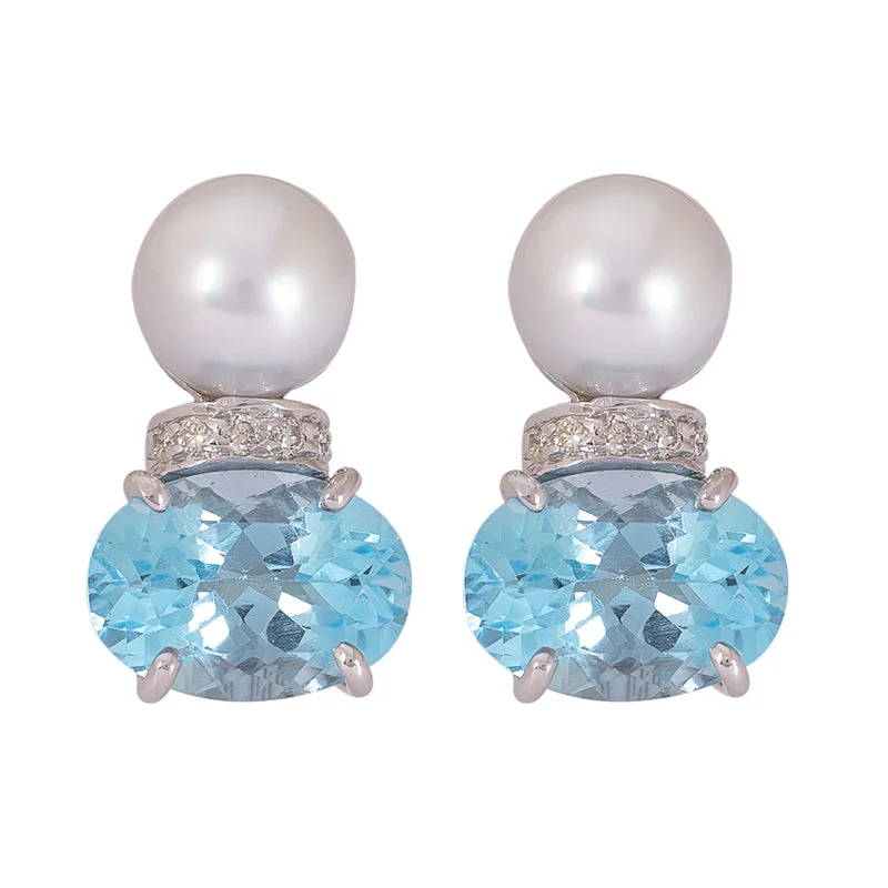 Ladies earrings for fresh starts -Earrings- Pearl, Blue Topaz and Diamond