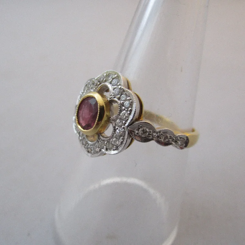 Ladies rings with cosmic gems -18K Gold Ruby And Diamond Floral Cluster Ring Vintage c1987