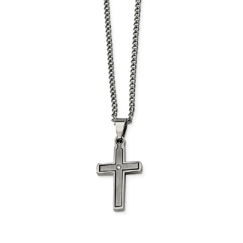 ladies-custom-layered-necklaces-Titanium & .035 Ct (G-H, I1) Diamond Accent Dbl Cross 22 Inch Necklace