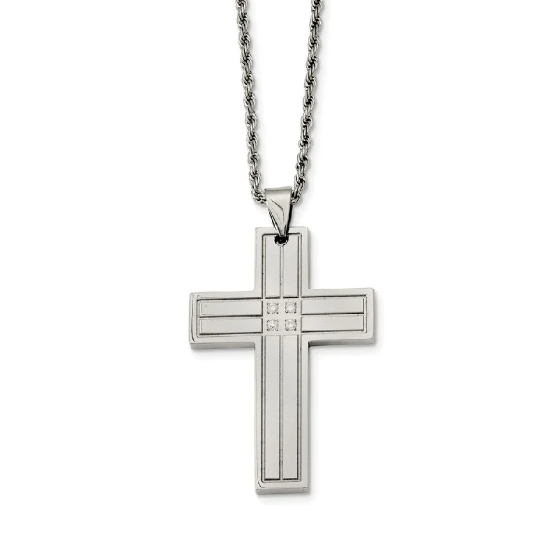 ladies-star-bib-necklaces-Stainless Steel Grooved Cross w/Cubic Zirconia's Necklace - 24 Inch