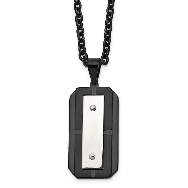 ladies-gemstone-station-necklaces-Stainless Steel Two Tone Brushed & Polished Dog Tag Necklace, 24 Inch