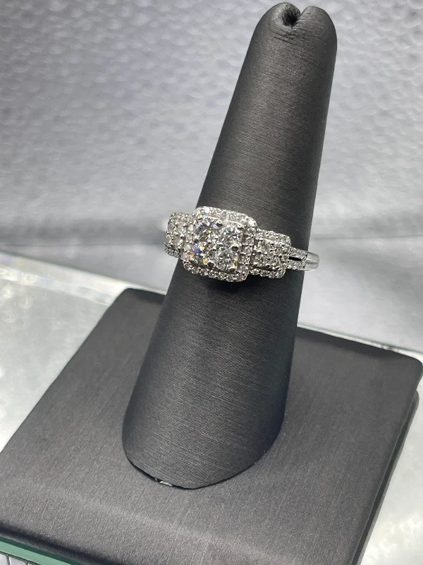 Ladies engagement rings with bark settings -Ladies 14 Karat White Gold Diamond Cluster Engagement Ring