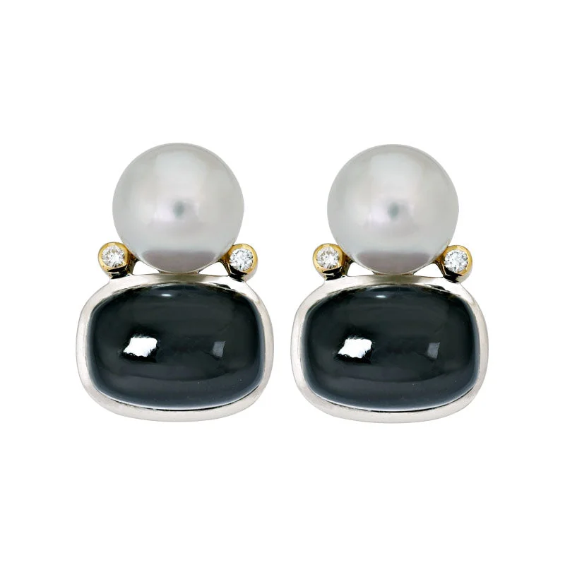 Ladies earrings with lace agate -Earrings- Black Onyx, South Sea Pearl and Diamond